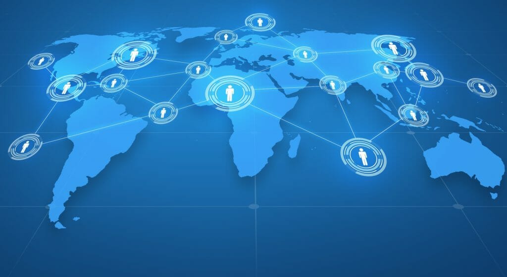 Blue world map with white cirlces and lines connecting people icons across the different continents.