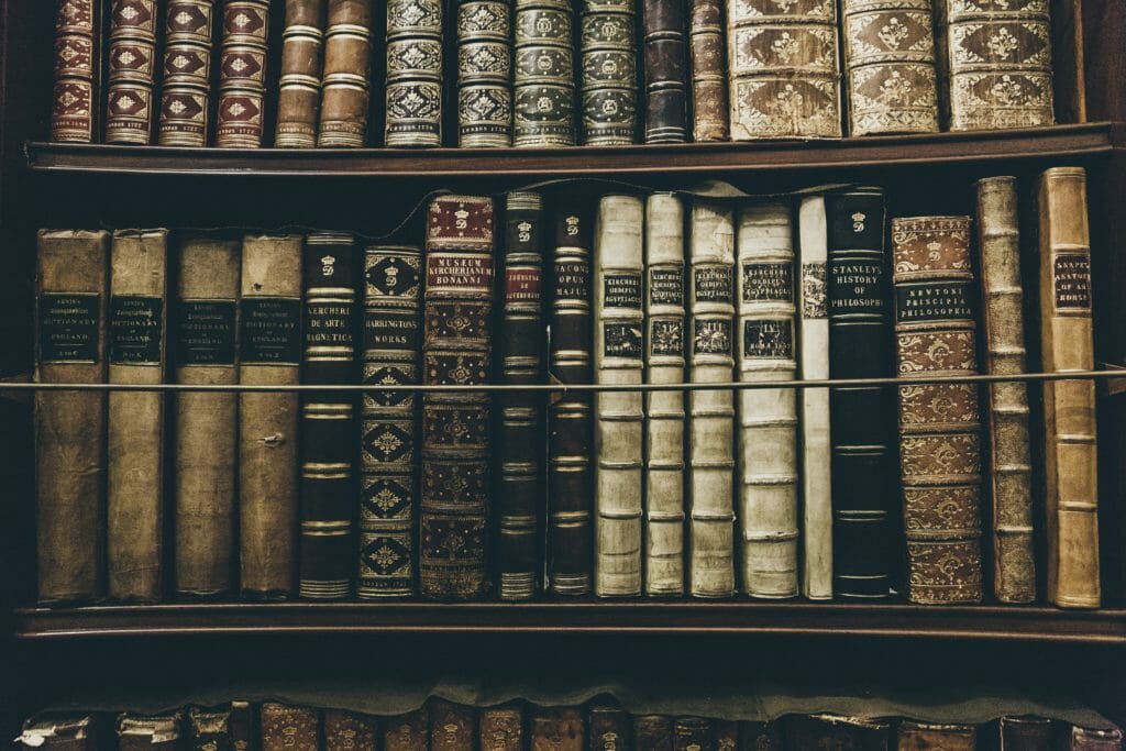 Old bound books of different colors and styles sit on a library shelf.