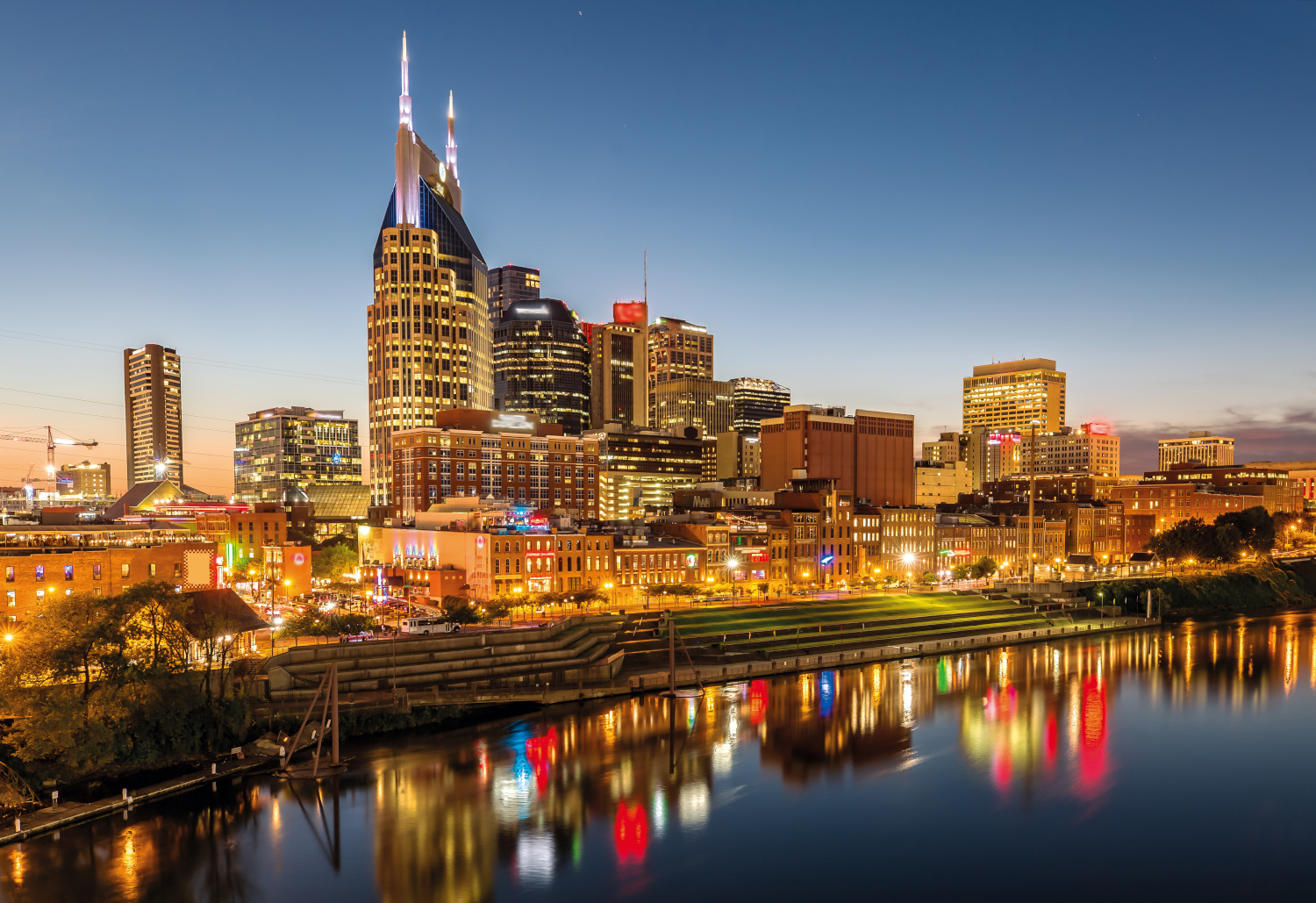 Nashville Skyline from John Seigenthaler Pedestrian Bridge at Dusk